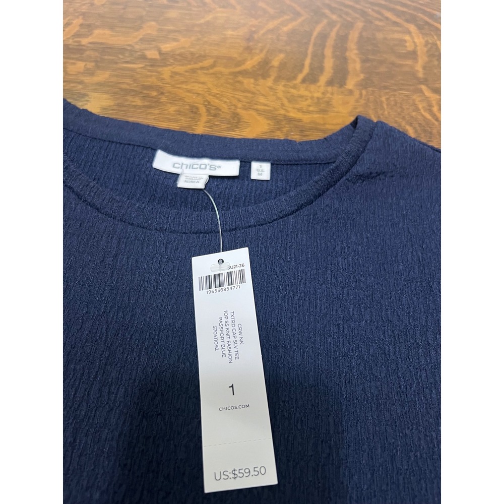 Chico's Textured Cap Sleeve Tee Women 1 M Passport Blue Crew Neck Knit Top